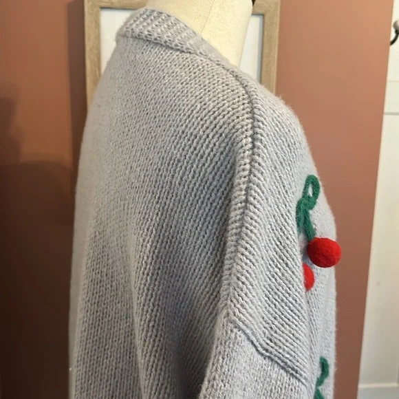 Anthropologie Luna Ivy 3D cherry oversized open front light blue S cardigan - Picture 6 of 10